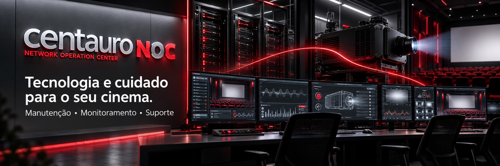 Centauro NOC — Network Operation Center. Tecnologia e cuidado para o seu cinema. Manutenção, monitoramento e suporte.